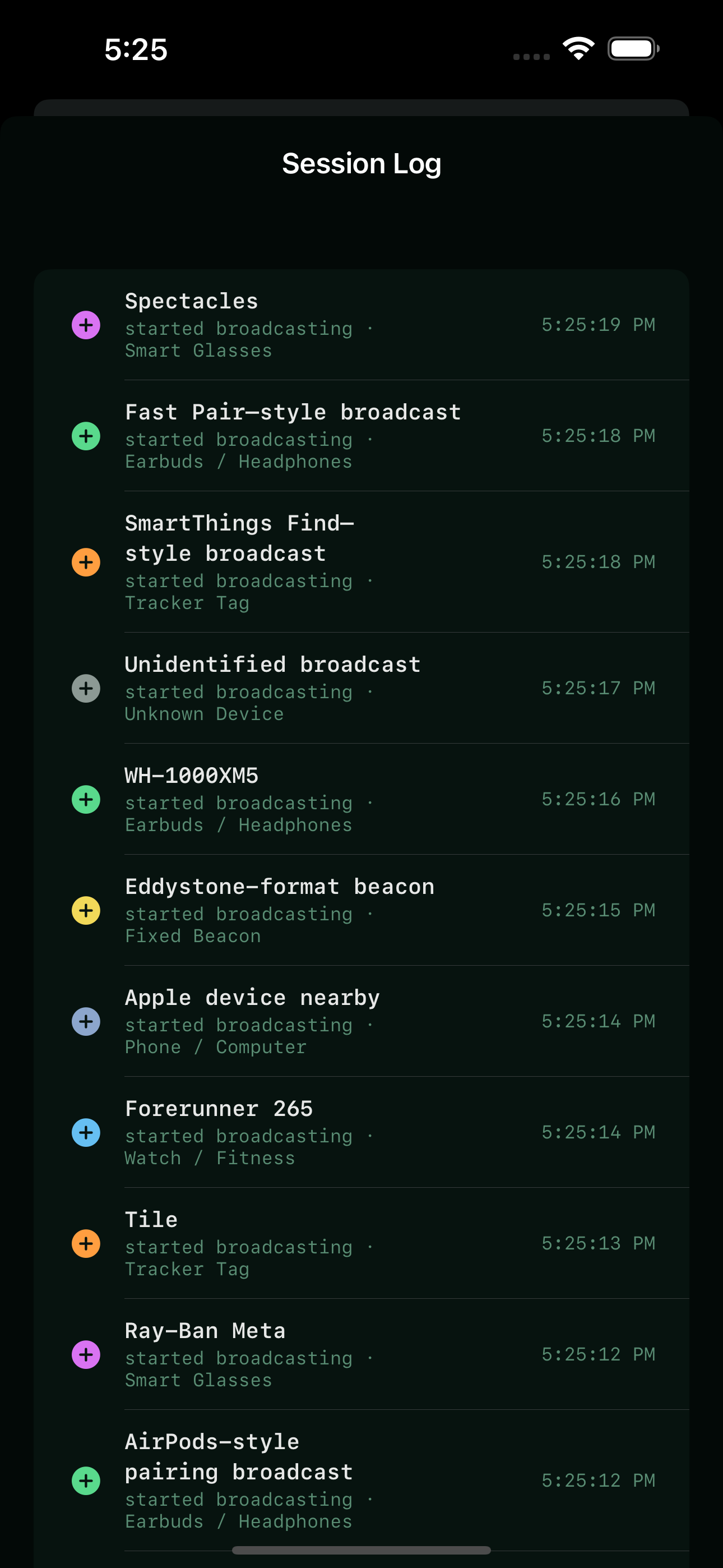 The Session Log: a timestamped in-memory list of devices that started broadcasting — Spectacles, a Fast Pair–style broadcast, a SmartThings Find–style broadcast, an unidentified broadcast, WH-1000XM5 headphones, an Eddystone-format beacon.