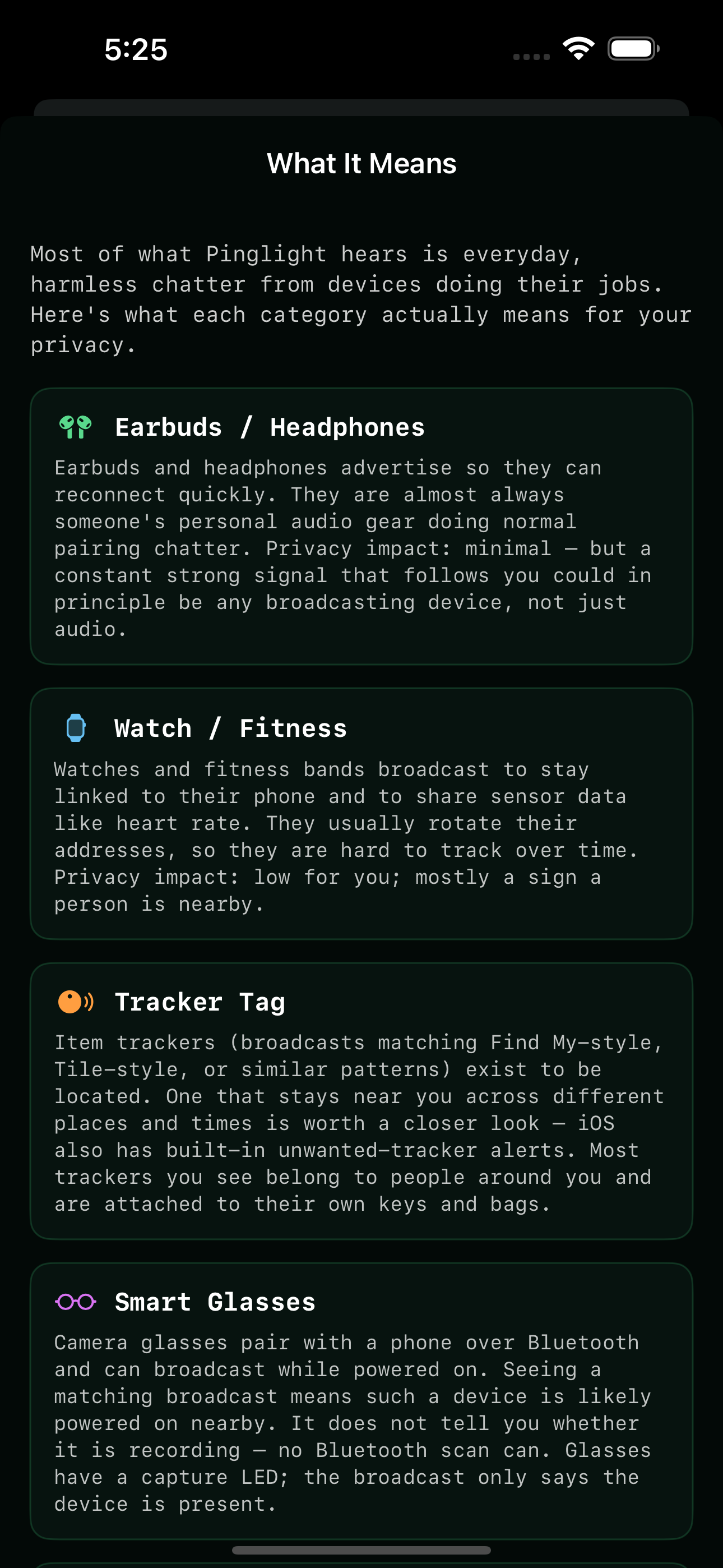 The What It Means page: plain-language privacy meaning for each category — earbuds are almost always personal audio gear, watches mostly mean a person is nearby, trackers exist to be located, and camera glasses' broadcasts do not say whether they are recording.