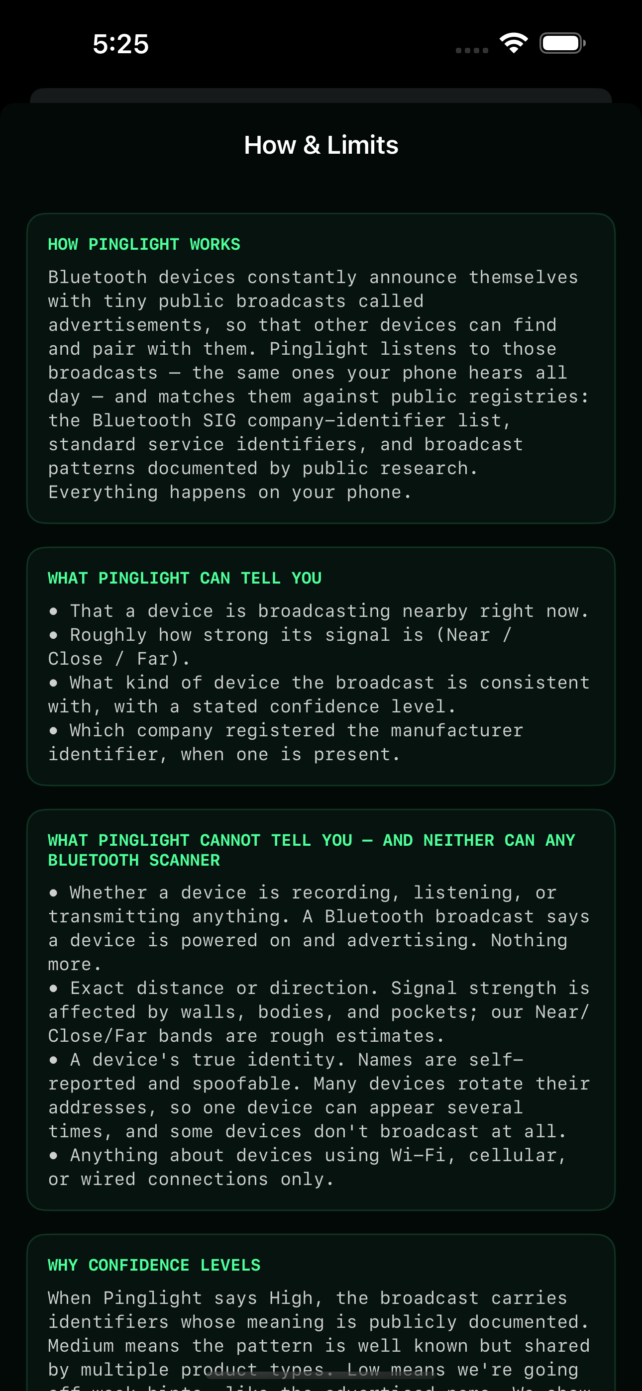 The How and Limits page: how Pinglight matches public broadcasts against public registries on your phone, what it can tell you, and what it cannot — whether a device is recording, exact distance, or a device's true identity — and neither can any Bluetooth scanner.